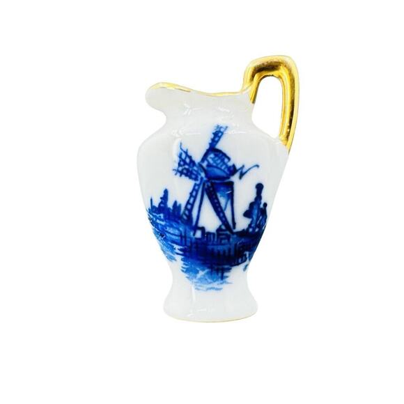 Miniature Dollhouse Pitcher White Porcelain with Blue Windmill Dutch Trim - Picture 2 of 9